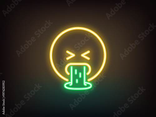 Outline neon vomiting emoji, yellow green. Neon spew emoji, disgust feeling. Emoticon vomit, mouth with puke, dislike reaction, sick emoji, barf face, nausea emoticon, belch expression. Vector