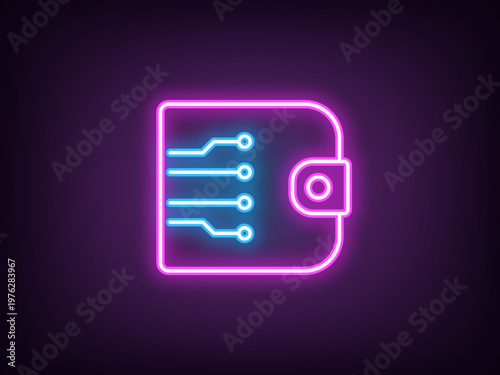 Outline neon digital wallet, magenta blue. Neon electronic wallet, virtual banking and digital money. Crypto wallet, ecommerce, electronic money transaction network, online payments. Vector