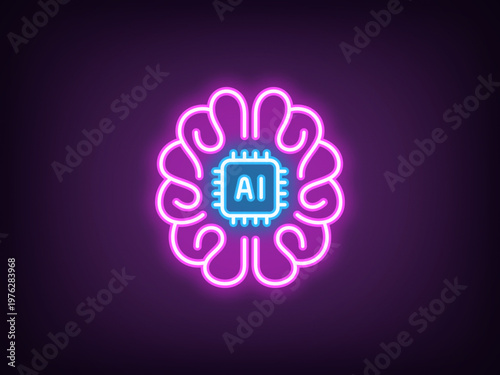 Outline neon AI brain, magenta blue. Neon human brain with integrated AI chip, artificial intelligence algorithms. Artificial mind, machine learning, data analysis system, digital education. Vector