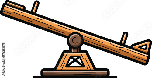 Wooden seesaw illustration on transparent background showing balance and playground equipment design.