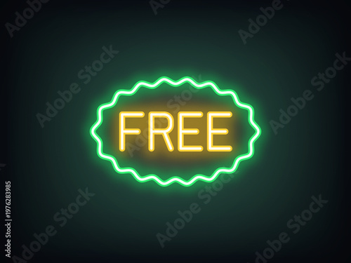 Outline neon Free tag, green yellow. Neon wavy promo tag with text Free, shopping advertisement. Free gift and bonus offer, gratis prize, offer without payment, zero cost and price. Vector