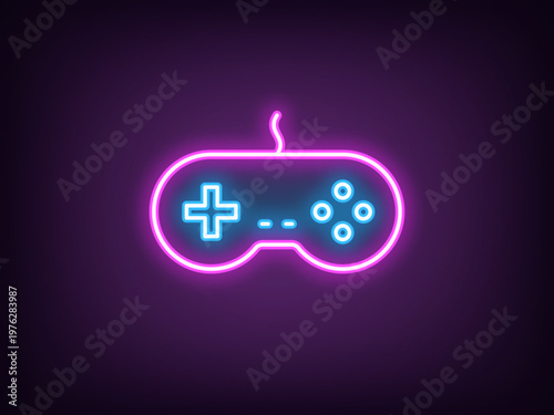Outline neon retro gamepad, magenta blue. Neon retro joystick for arcade games, videogame station controller. Vintage gamepad, retro computer games, play console, cybersport club. Vector