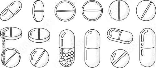 A set of various pills and capsules in outline style for medical healthcare designs vector art.