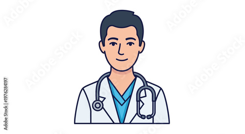 A smiling doctor wearing a white lab coat and stethoscope