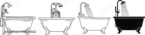 Bathtub icons set antique vintage style and modern design different angles and water flowing.