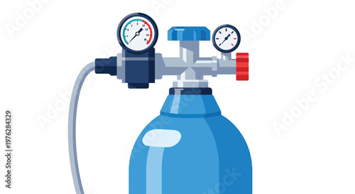 An oxygen tank with gauges and a valve on a white background