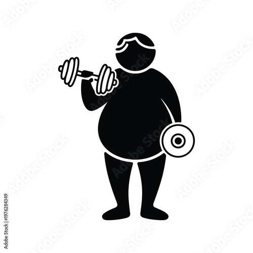 Black vector silhouette of an overweight man doing fitness workout with dumbbells at the gym.