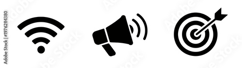 Communication and marketing icon set with wifi signal, megaphone and target. Bold black vector symbols isolated on a white background for promotion, reach and strategy themes.