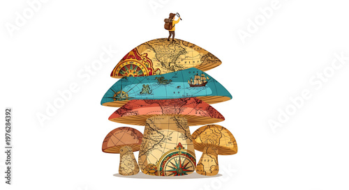A colorful illustration of a stack of mushroom caps with a person on top, featuring a map design