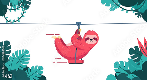 A colorful illustration of a sloth ziplining through lush tropical leaves in a fun and playful scene