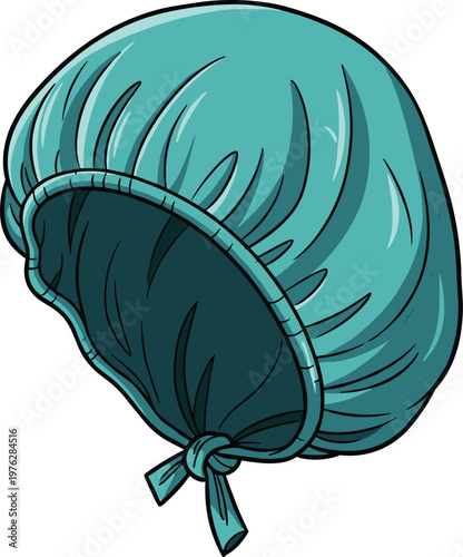 Blue surgical cap with ties and gathered fabric detail covering head for medical or laboratory use.