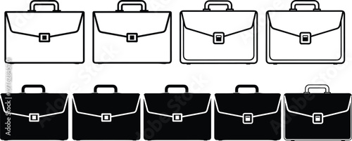 Briefcase icon collection with various stroke weights and solid versions for business and corporate.