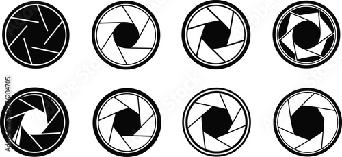 Camera aperture set iris diaphragm abstract circular pattern photography equipment symbol illustration.