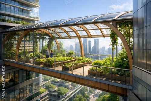 Residents tending an elevated greenhouse and rooftop garden on a skybridge, blending sustainable urban farming and green architecture into a bustling high rise cityscape for fresh produce