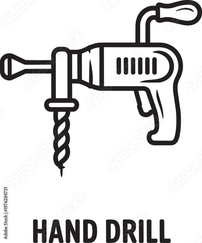 Vintage manual hand drill tool icon featuring a crank handle and spiral bit in line art style vector