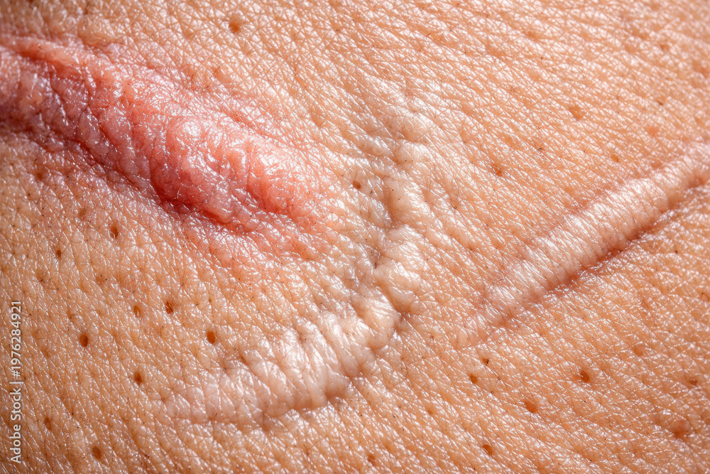 Fototapeta premium Macro detail of keloid scar on human skin, cicatrix from an injury. Dermatology concept showing healing process, skin texture, and surface imperfection of body