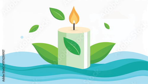 Lit Candle with Green Leaves Illustration.