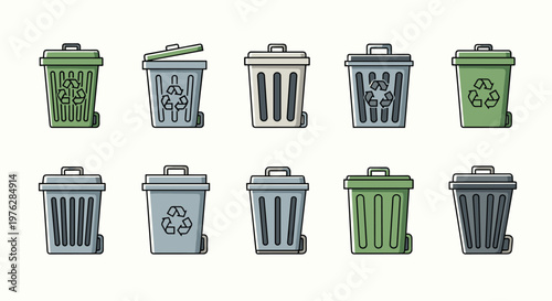Collection of diverse garbage cans and recycling bins with varied designs and colors for waste management.