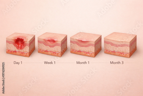 Medical illustration of acne scar healing timeline. skin improvement process shows wound recovery and treatment over time, hopeful view of skin regeneration