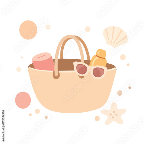 Minimal flat illustration of a beach bag with sunglasses, sunscreen, and towel in soft pastel tones. Perfect for summer travel designs, vacation themes, lifestyle graphics, and seasonal branding.