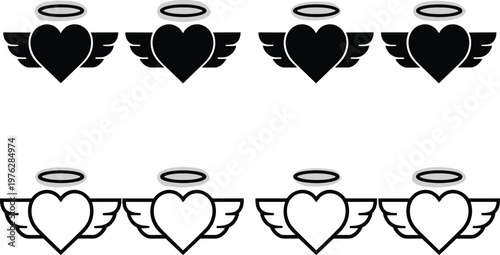Collection of eight winged heart icons with halos, symbolizing love and protection in a clean, minimalist style.
