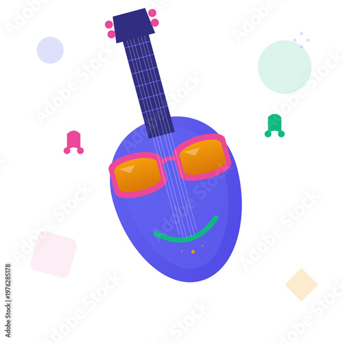 Vibrant whimsical blue guitar illustration wearing pink sunglasses with a cheerful smiling face