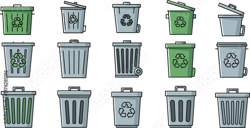 Collection of trash cans and recycling bins with various designs and colors for waste management.