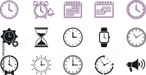 Collection of time icons featuring clocks calendars hourglass alarm and stopwatch, symbolizing scheduling and timekeeping.