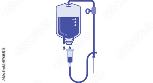 A medical IV drip bag with a tube and needle on a white background