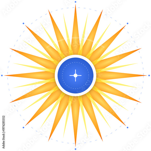 Vibrant Abstract Sun Symbol with Radiating Orange Rays and a Blue Central Core Element
