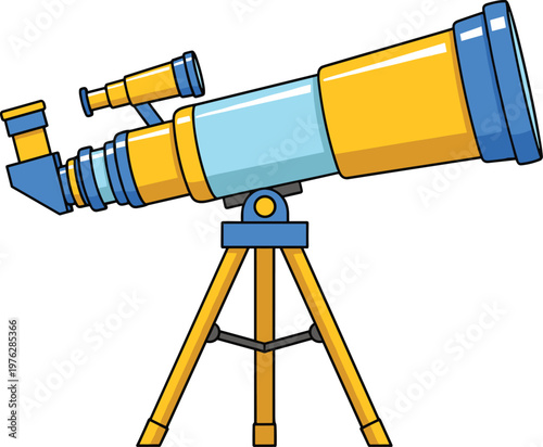 Colorful astronomical telescope on tripod for space exploration and science education study object.