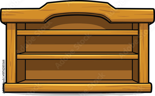 Empty wooden bookshelf with three tiers and curved decorative top for library or home storage design.