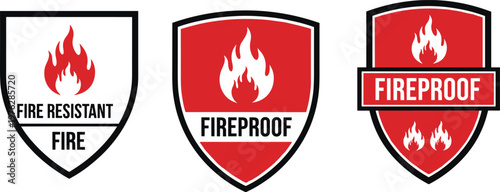 Fireproof and fire resistant safety badges with flame icons and red shield symbols for protection set.