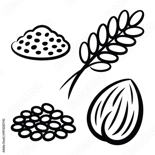 Grain and seed icon set with cereal wheat legumes and almond nut outline vector
