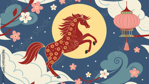 Chinese zodiac horse, lunar new year, red horse illustration, celestial background