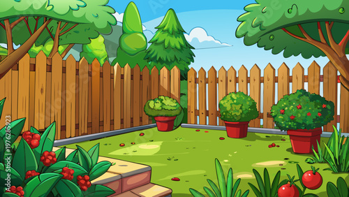 Cartoon garden, wooden fence, potted plants, green trees, backyard scenery