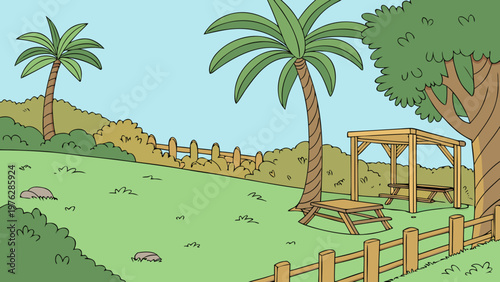 Tropical landscape, palm trees, green hills, wooden fence, cartoon scenery