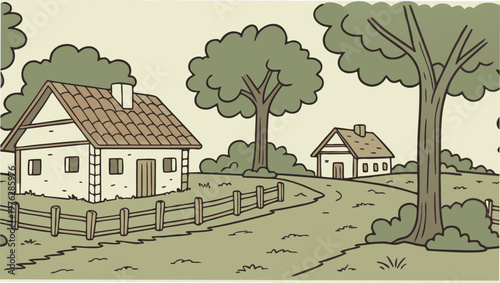 Vector rural landscape, countryside houses, green trees, illustration, farm scene