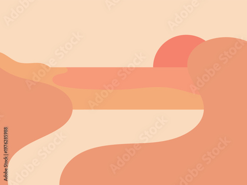 Modern flat illustration of a sunset beach scene with abstract flowing shapes and warm pastel tones. Ideal for summer branding, social media covers, posters, and creative layouts.