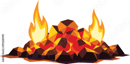 Heap of burning coal rocks with bright flames for energy fuel heat and power generation illustration.