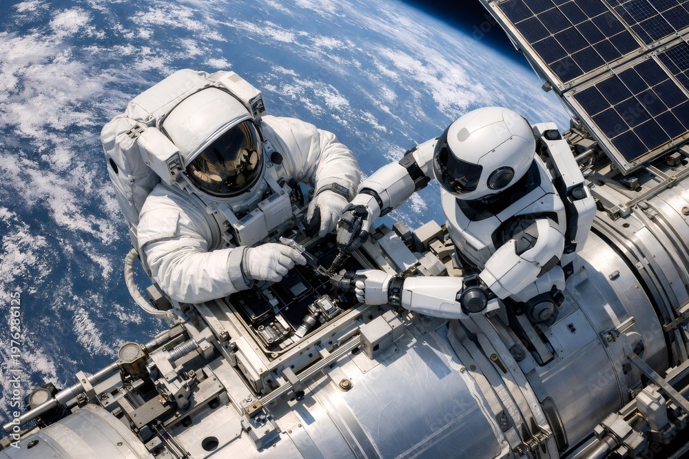 Fototapeta premium Astronaut and humanoid robot perform external maintenance on a space station module above Earth, highlighting collaboration, advanced technology and human driven space exploration