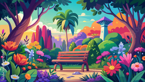 Vibrant garden, colorful flowers, park bench, tropical landscape, serene scenery