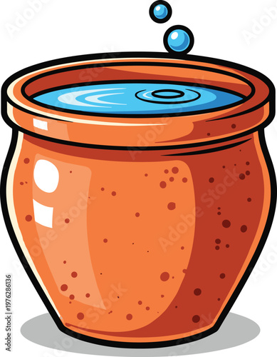 Illustration of a traditional clay pot filled with blue water and bubbles, simple background.