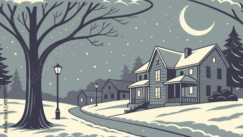 Winter night scene, snowy residential street, houses and trees, moonlit landscape, vector illustration