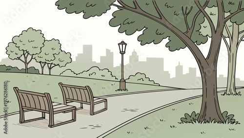 City park, urban landscape, green space, benches, trees