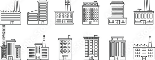 Industrial factory and office building icons set with chimney stacks and urban architecture designs.