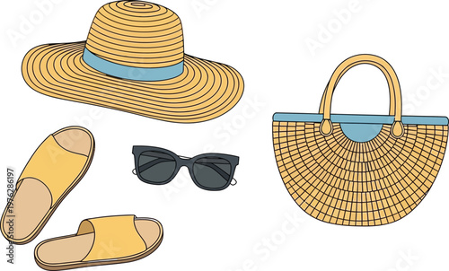 Summer accessories set featuring woven sun hat, sunglasses, sandals, and tote bag Vector