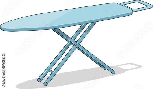 Light blue ironing board with a metal frame, set up and ready for use, with a simple shadow beneath it.
