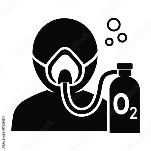 Oxygen therapy medical icon with patient mask breathing support and O2 cylinder silhouette