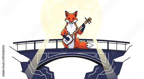 A cartoon fox plays a traditional instrument on a bridge with a full moon in the background